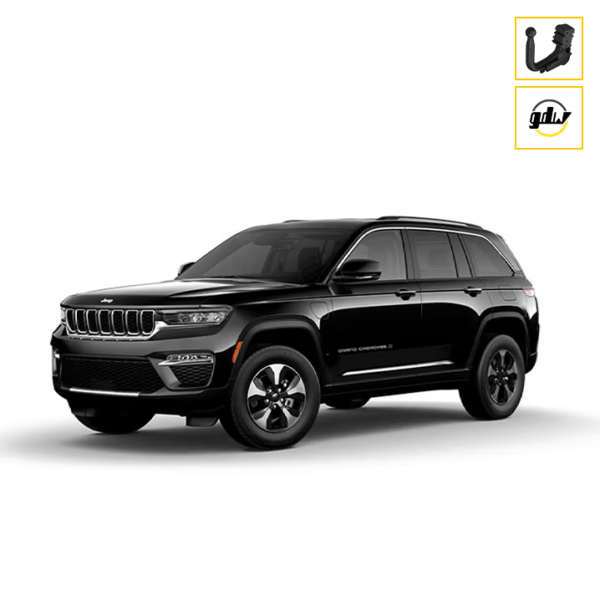 Jeep Grand Cherokee noir avec un attelage voiture homologué Maroc, parfait pour les remorques et accessoires auto.